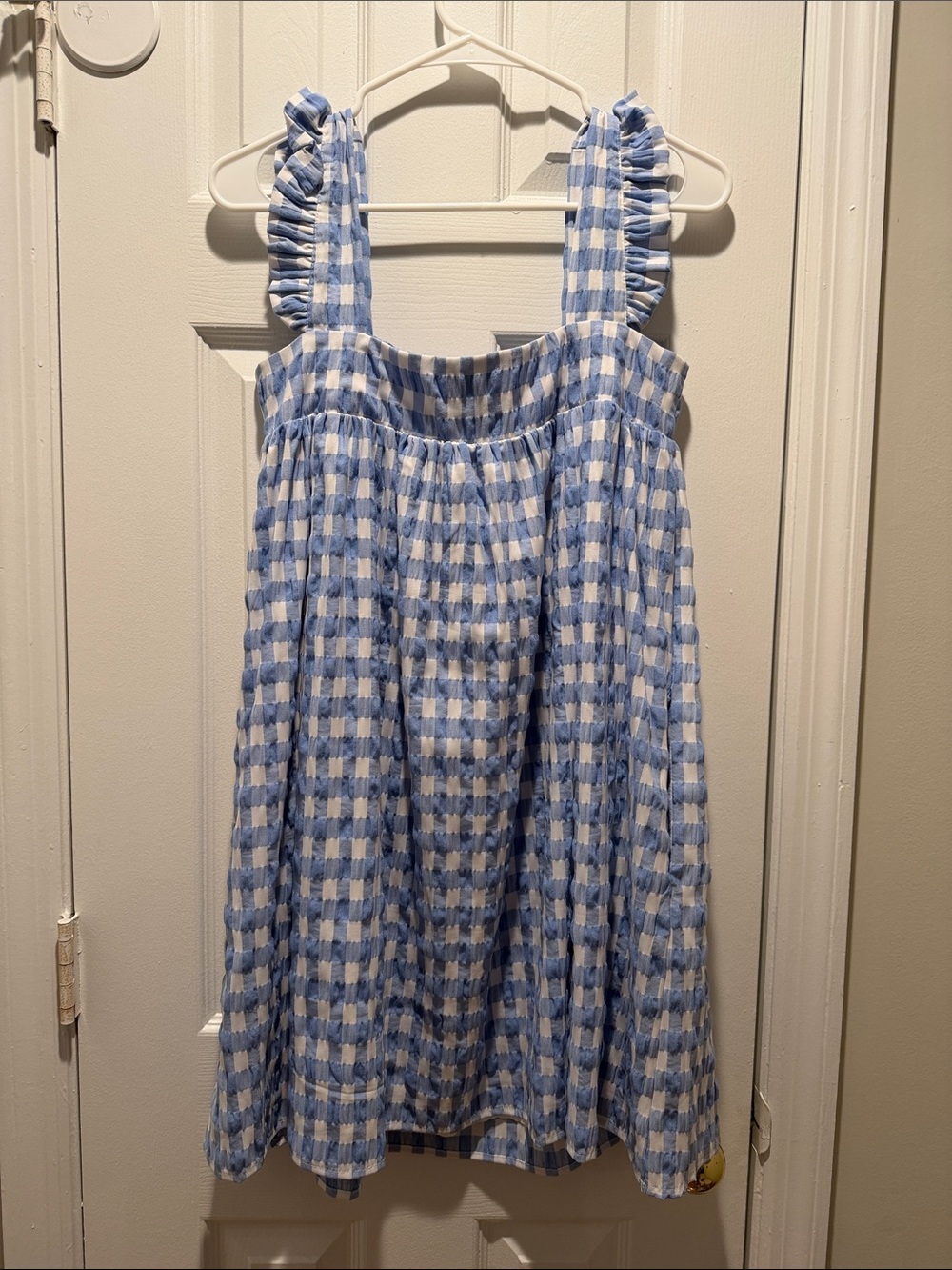 Storia Blue and White Gingham Mini Dress with Ruffle Straps - Picture 3 of 3